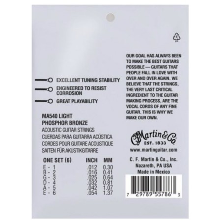 Martin MA540 Cuerdas Guitarra Acústica Authentic SP Phosphor Bronze 92/8 Light 12-54