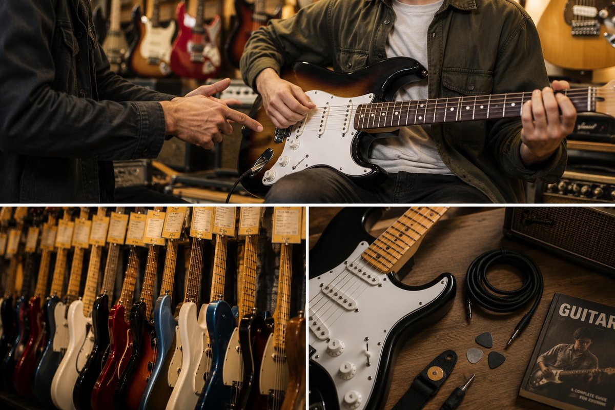 Probando una guitarra eléctrica con asesoramiento en la tienda Rockbox